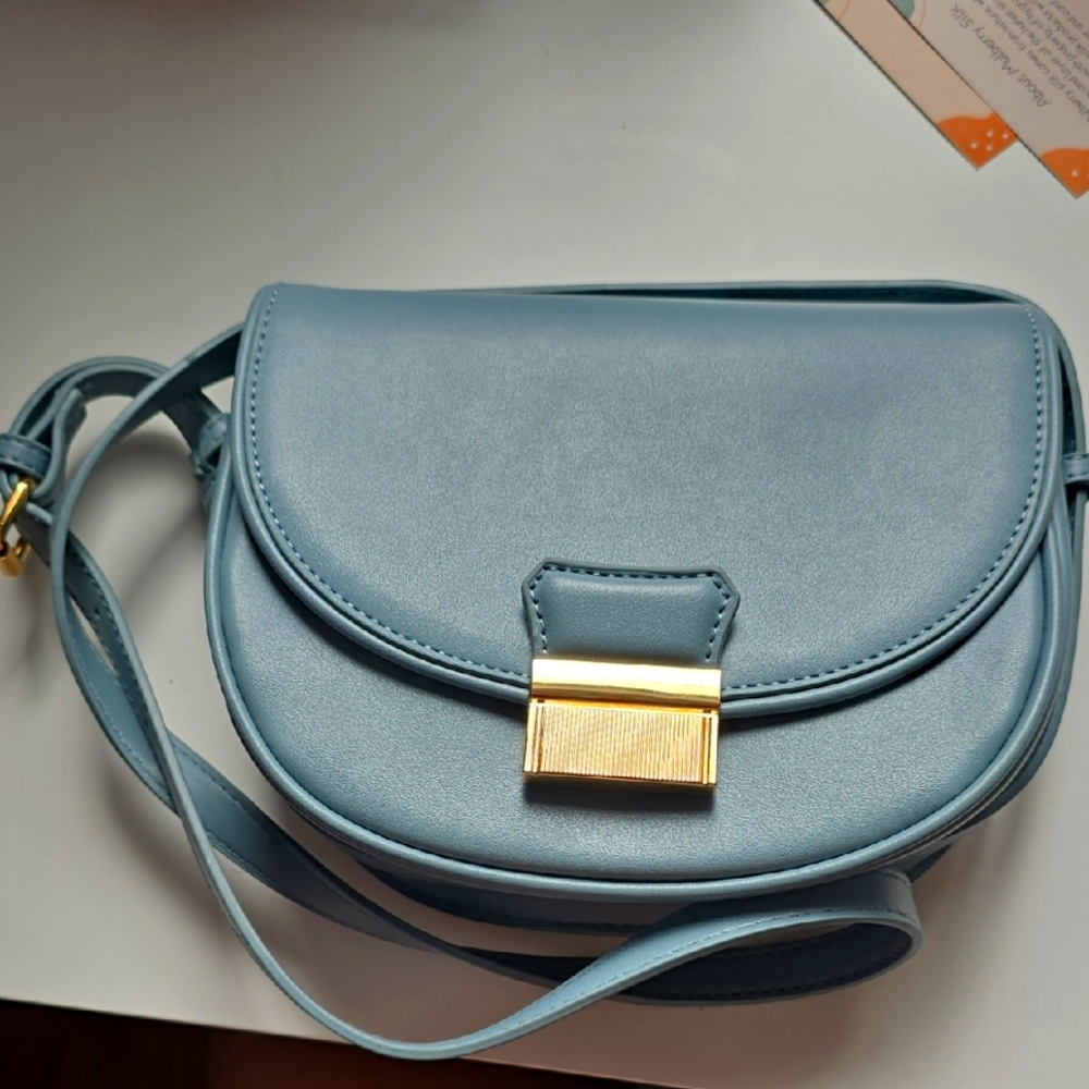 Powder Blue Crossbody Bag with Gold Clasp and Adjustable Strap